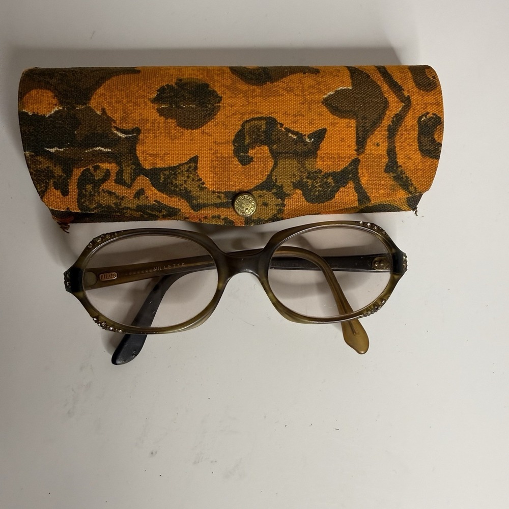 60's Vintage Tortoise Shell Oval Glasses With Original Case With Rhinestones